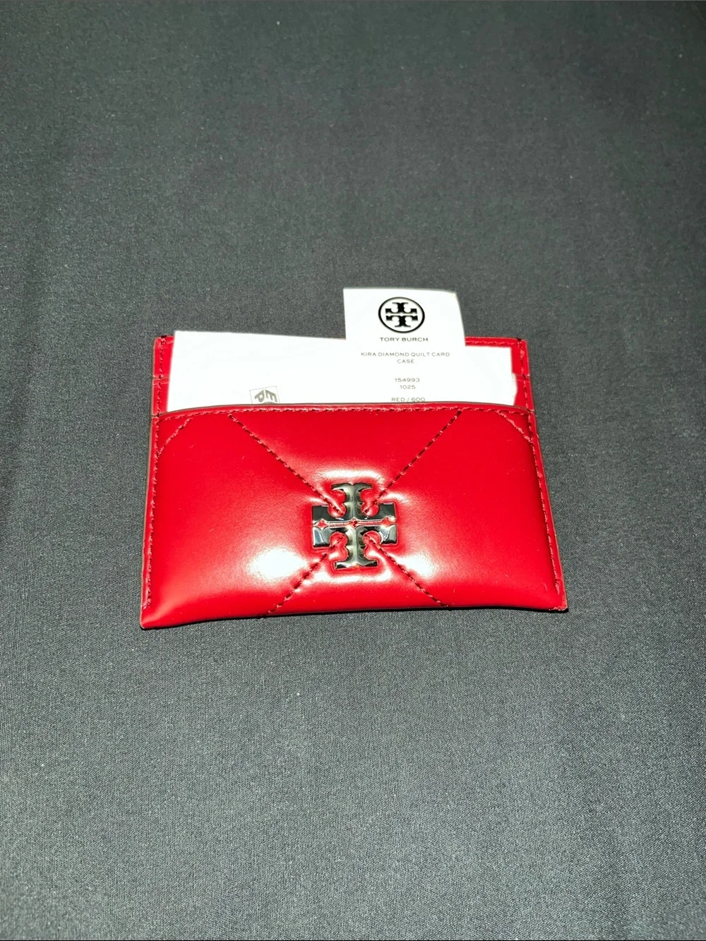Tory Burch Red Patent Leather Slim Card Holder with Logo